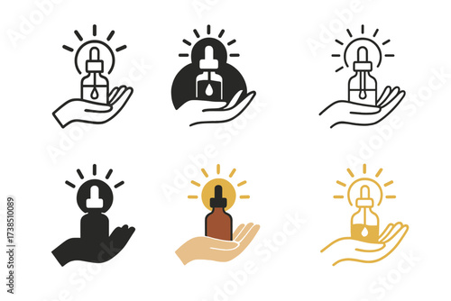 Serum Logo Variations. Using serums for glowing skin. Set Logo of using serums for glowing skin: skincare routine with serum bottle. harmonious logo variations
