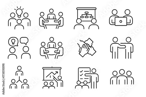 Teamwork Icon Set. Team collaboration. Line icon set of Team collaboration: brainstorming, group meeting, project chart, shared computer, idea exchange,