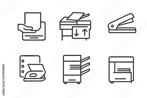 Copier Paper Icons. Outline icon set of copier paper handling: manual feed, automatic document feeder, duplexer, stapler, hole punch, sorter, stacker, output