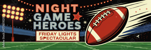 Friday Night Football Lights Illustration, Retro Stadium Sports Poster, American Game Heroes, Dynamic Action Artwork