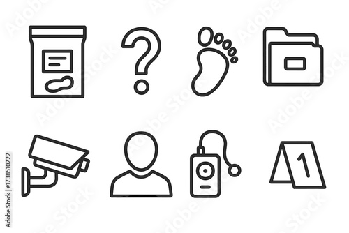 Investigation Icon Set. Outline icon set of investigation process: evidence bag, question mark, footprint, dossier, surveillance camera, suspect silhouette,