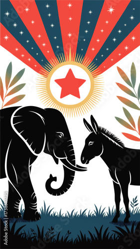 Patriotic Vector Illustration of Republican Elephant and Democratic Donkey with Starburst, Red Blue Rays, and Foliage – Political Graphic Art