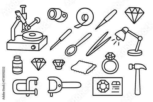 Gem Cutting Tools. Hand-drawn doodle illustration gem cutter faceting machine, loupe, polishing wheel, gemstone, cutting tool, magnifying glass, tweezers,