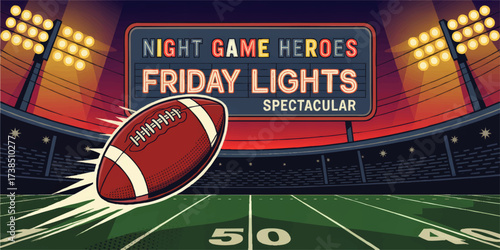 Friday Night Football Game Under Stadium Lights – Vector Illustration of American Football Field, Scoreboard, and Exciting Sports Atmosphere