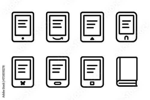 E-reader Logo Icons. Outline icon set of e-reader brand logos: generic e-reader, popular brand , popular brand , popular brand , popular brand , popular brand