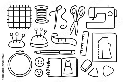 Sewing Tools Doodle. Hand-drawn doodle illustration textile grid fabric squares, needle, thread spool, scissors, sewing machine, pins, measuring tape, ruler,
