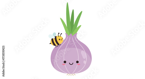Cute cartoon illustration featuring a smiling onion and a buzzing bee with whimsical flair
