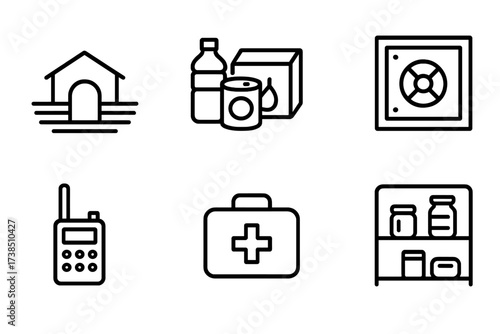 Underground Shelter Icons. Outline icon set of underground shelter: bunker, emergency supplies, air filter, security door, communication radio, flashlight,