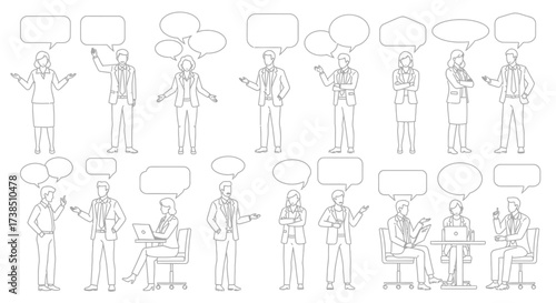 Line art illustration of business people with speech bubbles for communication concepts