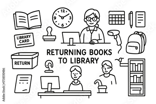 Library Return Doodles. Hand-drawn doodle illustration Returning books to library book, library card, stamp, return bin, desk, librarian, barcode scanner,