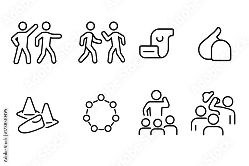 Podiatry & Wellbeing Icons. Outline icon set of podiatry and health consultation: doctor, foot examination, medical chart, prescription, clinic building,