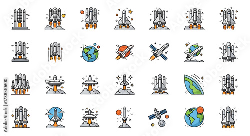 Collection of vector icons representing space exploration and space technology design ideas