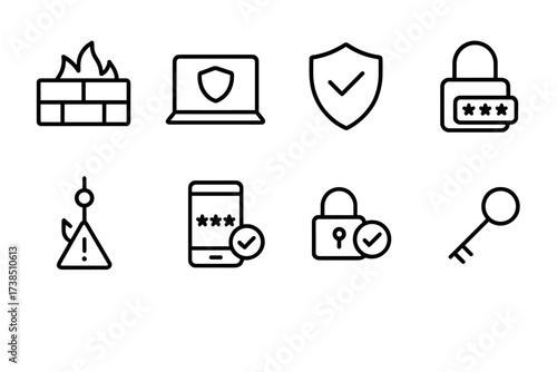 Internet Security Icons. Outline icon set of internet security: firewall, VPN, antivirus shield, password lock, phishing alert, two-factor authentication,