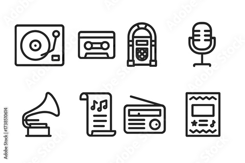 Musical Instrument Icons. Outline icon set of song instruments: drum set, violin, saxophone, trumpet, electric guitar, bass guitar, accordion, flute. Line