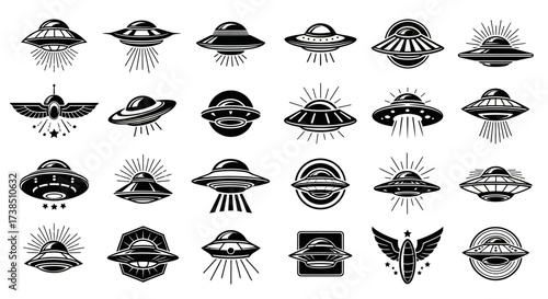 Monochrome Ufo Collection of flying saucer icons designs for space exploration and fantasy
