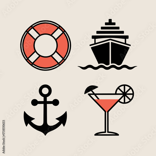 Nautical themed icons featuring a life preserver cruise ship anchor and cocktail glass perfect for travel agencies or maritime businesses presented in a clean and modern style