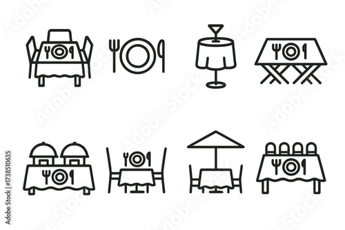 Napkin Settings Icons. Outline icon set of napkin settings: dining table, place setting, cocktail party, picnic setup, buffet line, restaurant table, outdoor