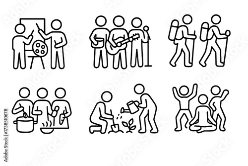 Shared Hobbies Icons. Outline icon set of shared hobbies: group painting, music band, hiking group, cooking together, gardening, yoga class, dance group, board