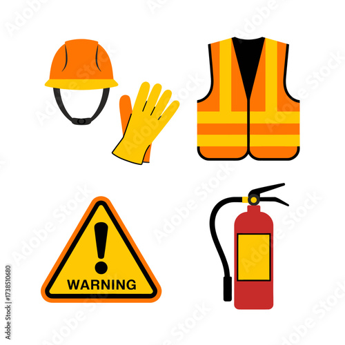 Safety equipment including a hard hat gloves vest warning sign and fire extinguisher are displayed highlighting workplace safety and emergency preparedness measures