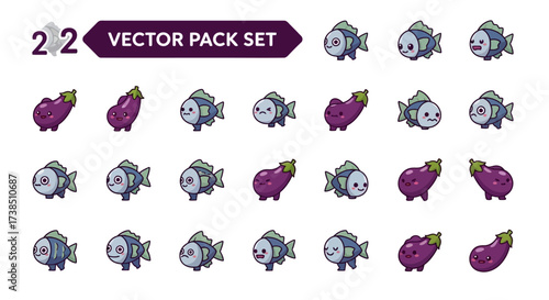 Whimsical Cartoon Vector Set Featuring Playful Fish and Aubergine Characters