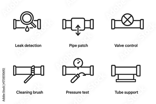 Tube Maintenance Icons. Outline icon set of tube maintenance and repair: leak detection, pipe patch, tube replacement, valve control, cleaning brush, welding
