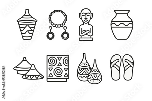 Rwandan Craft Icons. Outline icon set of Rwandan crafts: Agaseke woven basket, Beaded jewelry, Wood carving, Clay pot, Traditional hats, Fabric print, Painted