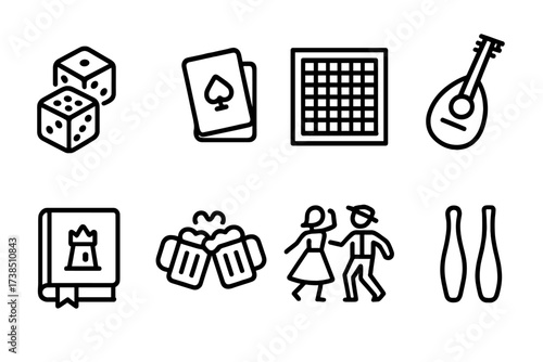 Tavern Games Icons. Outline icon set of tavern games and entertainment: dice, cards, chessboard, lute, tavern tales book, mug cheers, tavern dance, juggling
