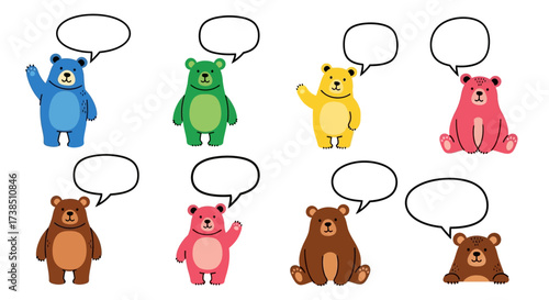 Colorful bears with speech bubbles illustration providing message box opportunities