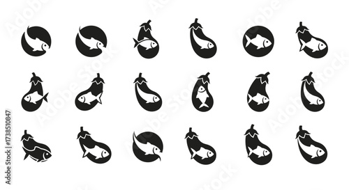 Creative eggplant and fish logo designs showcasing unique culinary fusion concept isolated on