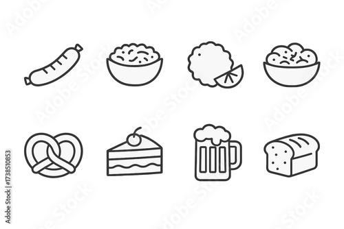 German Food Icons. Outline icon set of German cuisine: bratwurst, sauerkraut, schnitzel, potato salad, pretzel, black forest cake, beer mug, rye bread. Line