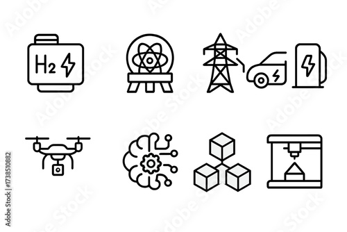 Emerging Energy Icons. Outline icon set of emerging energy technologies: hydrogen fuel cell, fusion reactor, smart grid, electric vehicle charging, drone