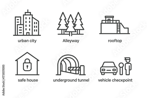 Field Agent Icon Set. Outline icon set of field agent environment: urban city, alleyway, forest, rooftop, safe house, underground tunnel, border crossing,