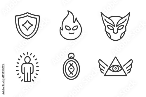 Ethereal Guardians Icons. Outline icon set of ethereal guardians: mystical shield, spirit flame, protective talisman, guardian mask, sacred aura, ancient