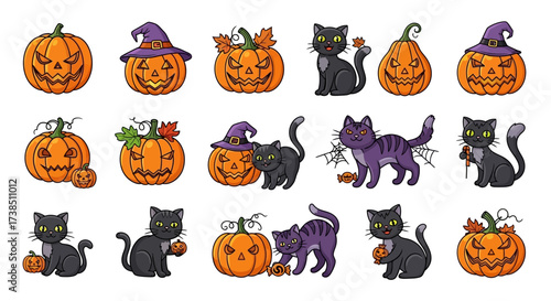 Charming Halloween Cartoon Illustration: Pumpkins, Cats and Festive Elements for Spooky Season Fun