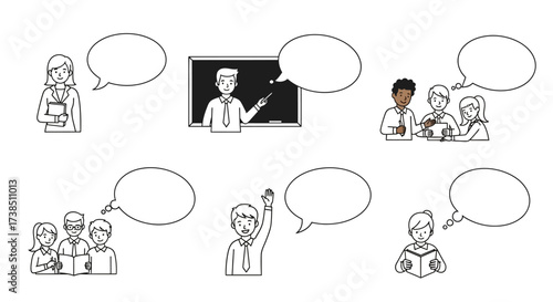 Monochrome vector illustration of teacher and students with speech bubbles suitable for