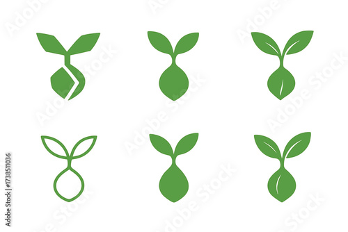 Eco-Friendly Logo Variations. Green label design with eco vibes trend. Set Logo of green label: sprouting seed. harmonious logo variations of the