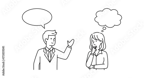 Illustration depicting a business communication scenario with speech and thought bubbles