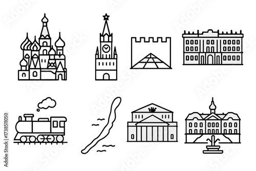Russian Landmark Icons. Outline icon set of Russian landmarks: Saint Basil?s Cathedral, Kremlin tower, Red Square, Winter Palace, Trans-Siberian Railway, Lake