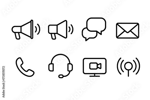 Communication Tools Icons. Outline icon set of communication tools: megaphone, loudspeaker, chat bubbles, mail envelope, phone, headset, video call, broadcast