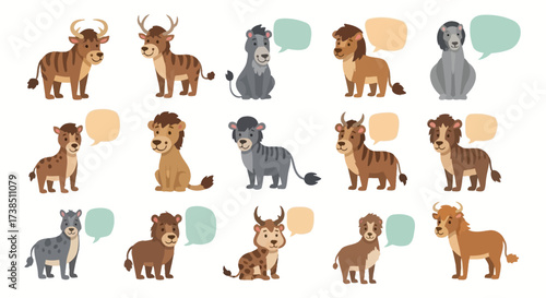 Collection of Cartoon Animal Characters with Speech Bubbles Vector Illustration Set