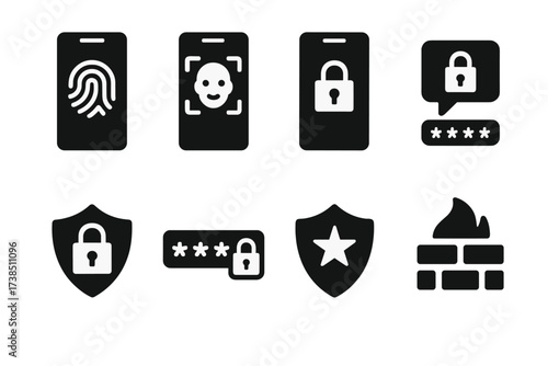 Mobile Security Icons. Solid, filled icon set of mobile banking security: fingerprint, face recognition, lock, two-factor authentication, encryption shield,