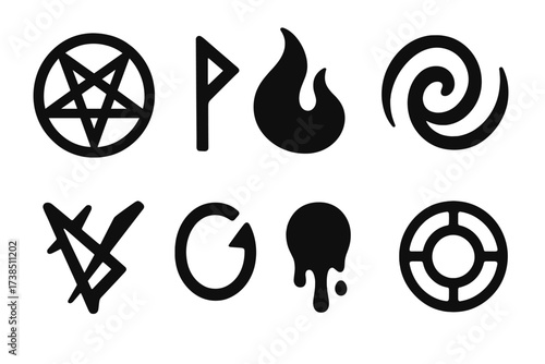 Dark Magic Icons. Solid, filled icon set of dark magic symbols: pentagram, cursed rune, black flame, shadow swirl, forbidden glyph, broken circle, blood mark,