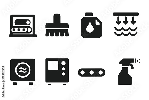 Industrial Washing Icons. Solid, filled icon set of industrial washing: washing conveyor, cleaning brush, detergent tank, water jets, drying chamber, control