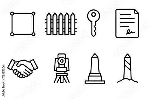 Property Ownership Icons. Outline icon set of property and ownership: land plot, fence, key, contract, handshake, surveyor tools, monument, boundary marker.