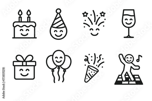 Celebration and Breeze Icons. Outline icon set of shared smile celebrations: birthday cake, party hat, fireworks, champagne glass, gift wrapping, balloons,