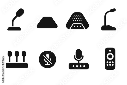 Conference Microphone Icons. Solid, filled icon set of conference microphones: tabletop mic, boundary mic, speakerphone mic, gooseneck mic, conference panel