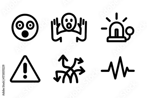 Panic Emotion Icons. Solid, filled icon set of panic emotions: wide eyes, screaming face, raised hands, alarm light, fire alarm, warning triangle, chaotic