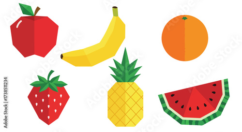 Vibrant Low Poly Fruit Collection Apple Banana Orange Strawberry Pineapple Watermelon Slices Geometric Modern Design