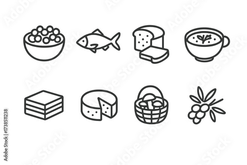 Latvian Food Icons Set. Outline icon set of Latvian food: grey peas, smoked fish, black bread, rye soup, honey cake, Latvian cheese, mushroom basket, sea