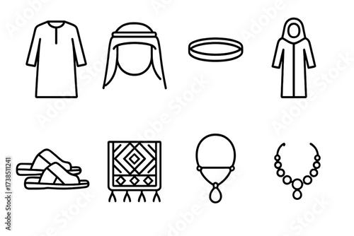 Emirati Clothing Icons. Outline icon set of Emirati traditional clothing: Kandura robe, Ghutra headscarf, Agal headband, Abaya dress, Burqa face veil, Sandals,